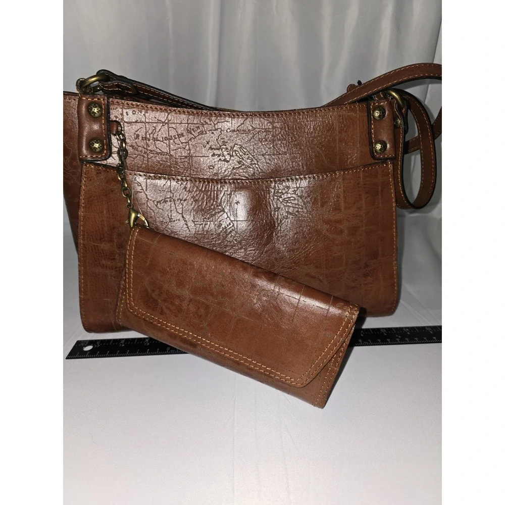 Patricia Nash Brown Leather Romina Vintage Laser Map Shoulder Handbag Purse